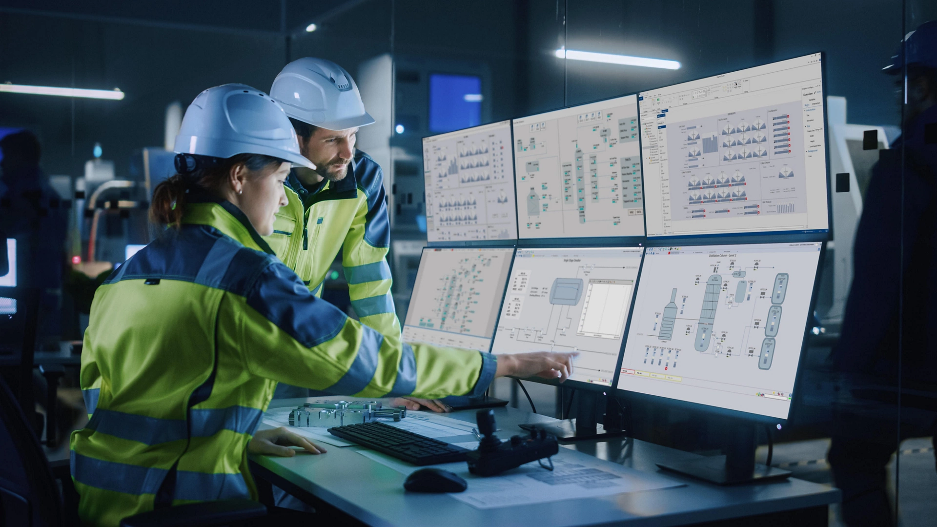 Industry 4.0 Modern Factory: Project Engineer Talks to Female Operator who Controls Facility Production Line, Uses Computer with Screens Showing AI, Machine Learning Enhanced Assembly Process