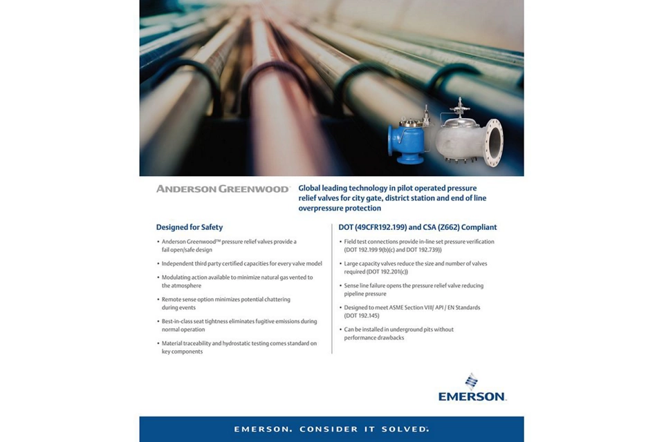 シティゲート、地区ステーション、過圧保護向けパイロット作動式 PRV の Anderson Greenwood 最先端技術