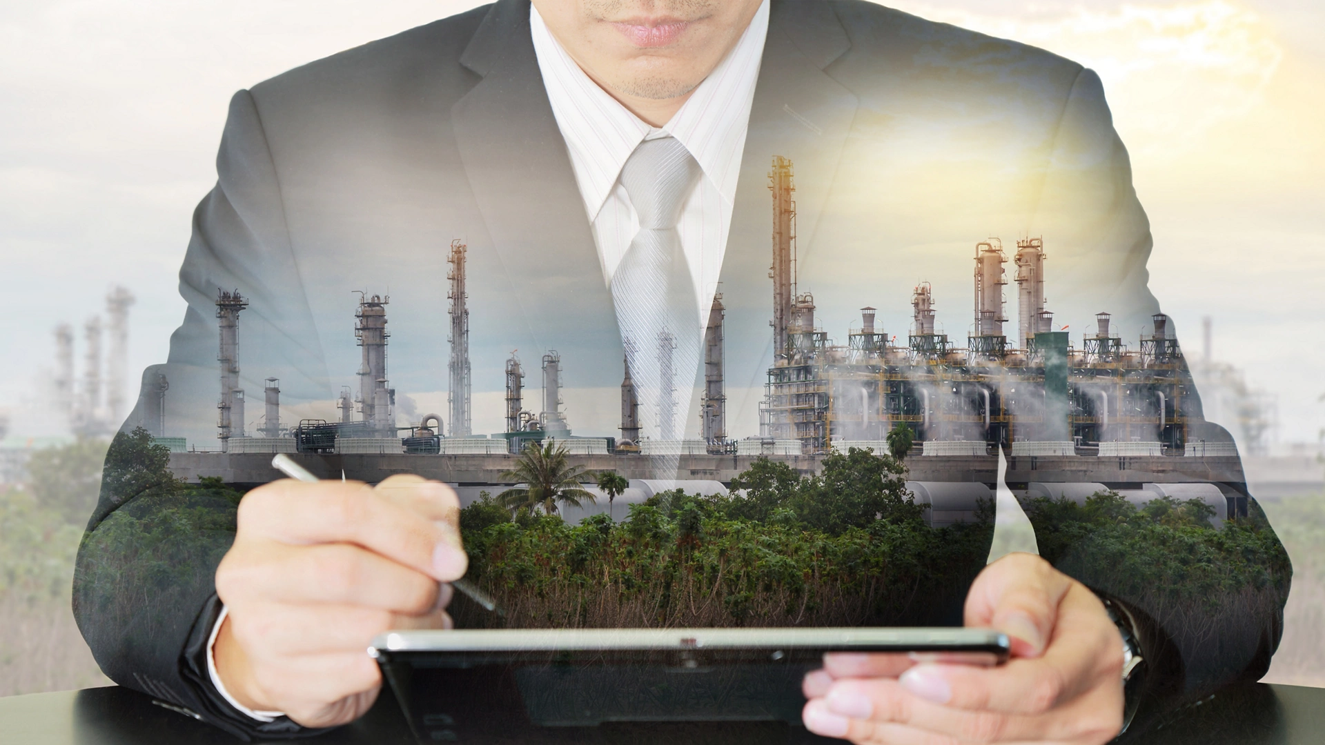 Double exposure of businessman working with tablet, gas refinery industry plant, power electric factory and sunset as technology, Communication and Research of Energy concept.; Shutterstock ID 517716556; purchase_order: Enterprise MARCOM; job: Shutterstock Images for Industry Growth Program; client: Various; other: Requested by Mari Manciu