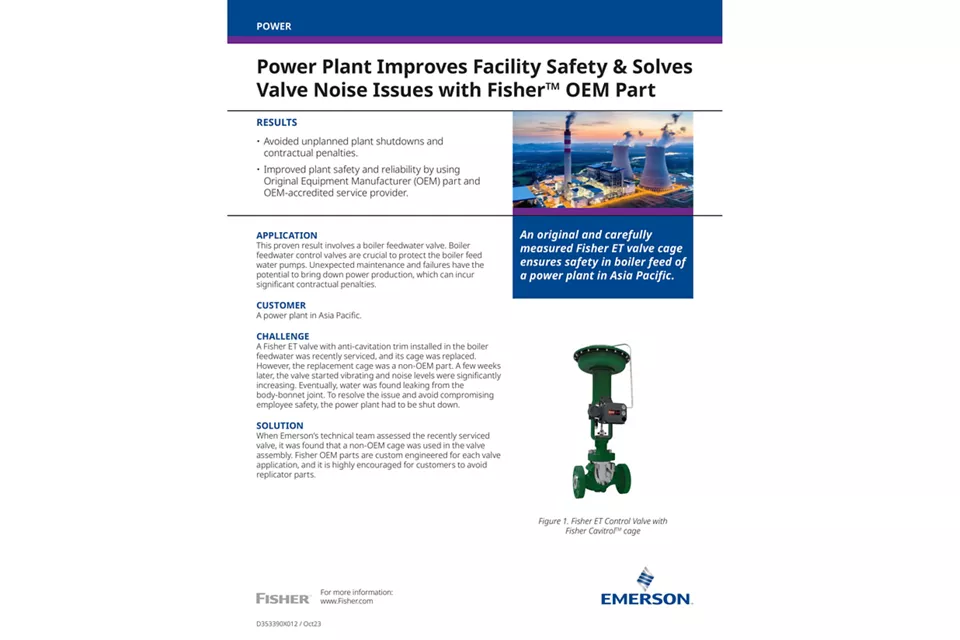 発電所では、Fisher™ OEM 部品を使用することでどのように施設の安全性を向上させているかをご覧ください