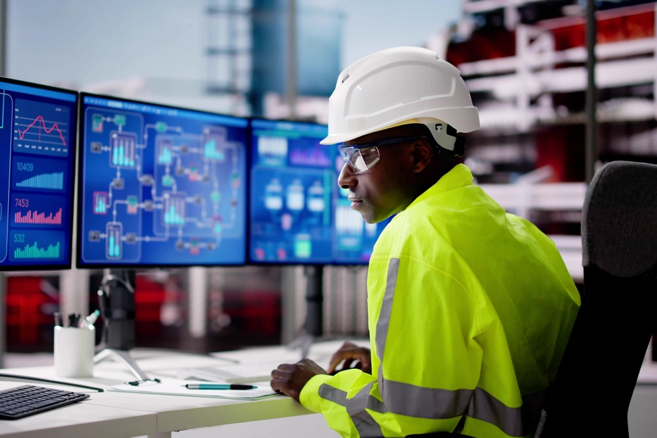 Industrial Data Automation System On Computer. Engineer Operator