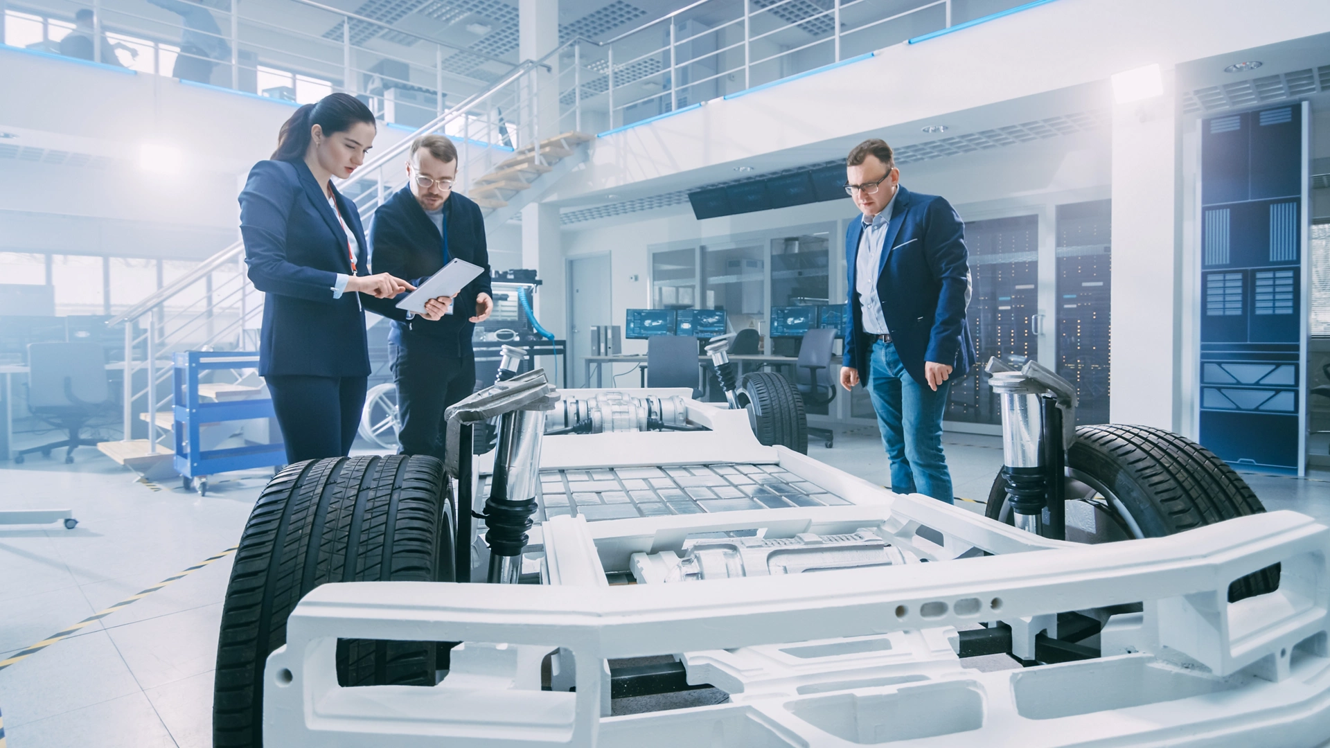 Automotive Design Engineers Talking while Working on Electric Car Chassis Prototype. In Innovation Laboratory Facility Concept Vehicle Frame Includes Wheels, Suspension, Engine and Battery.; Shutterstock ID 1489717985; purchase_order: Enterprise Marketing; job: Video; client: ; other: Requested by Jim Cahill