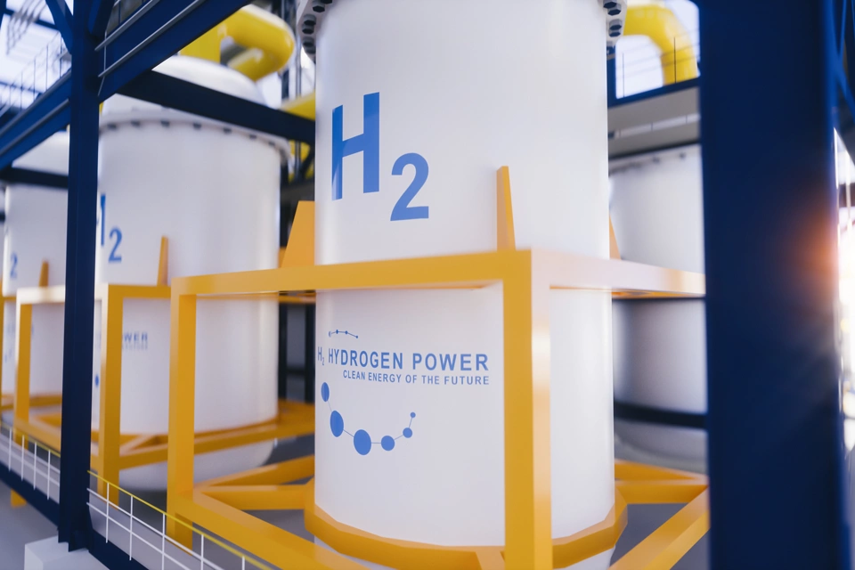 Hydrogen renewable energy production - hydrogen gas for clean electricity solar and windturbine facility. 3d rendering.