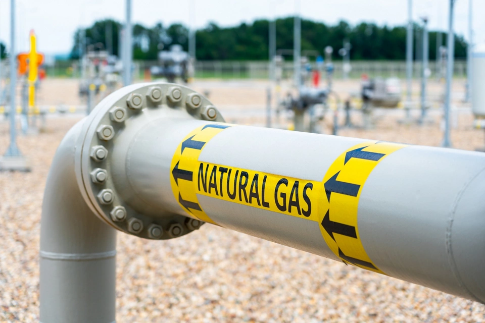 Gas pipeline system with high pressure and direction sign at compressor station. Concept of energy delivery infrastructure; Shutterstock ID 2475855051; purchase_order: Enterprise MARCOM; job: Emerson.com; client: Web; other: Requested by Susan Tencio