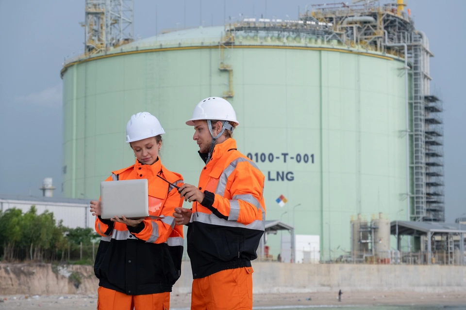 Workers check data on laptop at industrial site near large LNG storage tank during daytime; Shutterstock ID 2660418665; purchase_order: Enterprise MARCOM; job: Emerson.com; client: Web; other: Requested by Susan Tencio