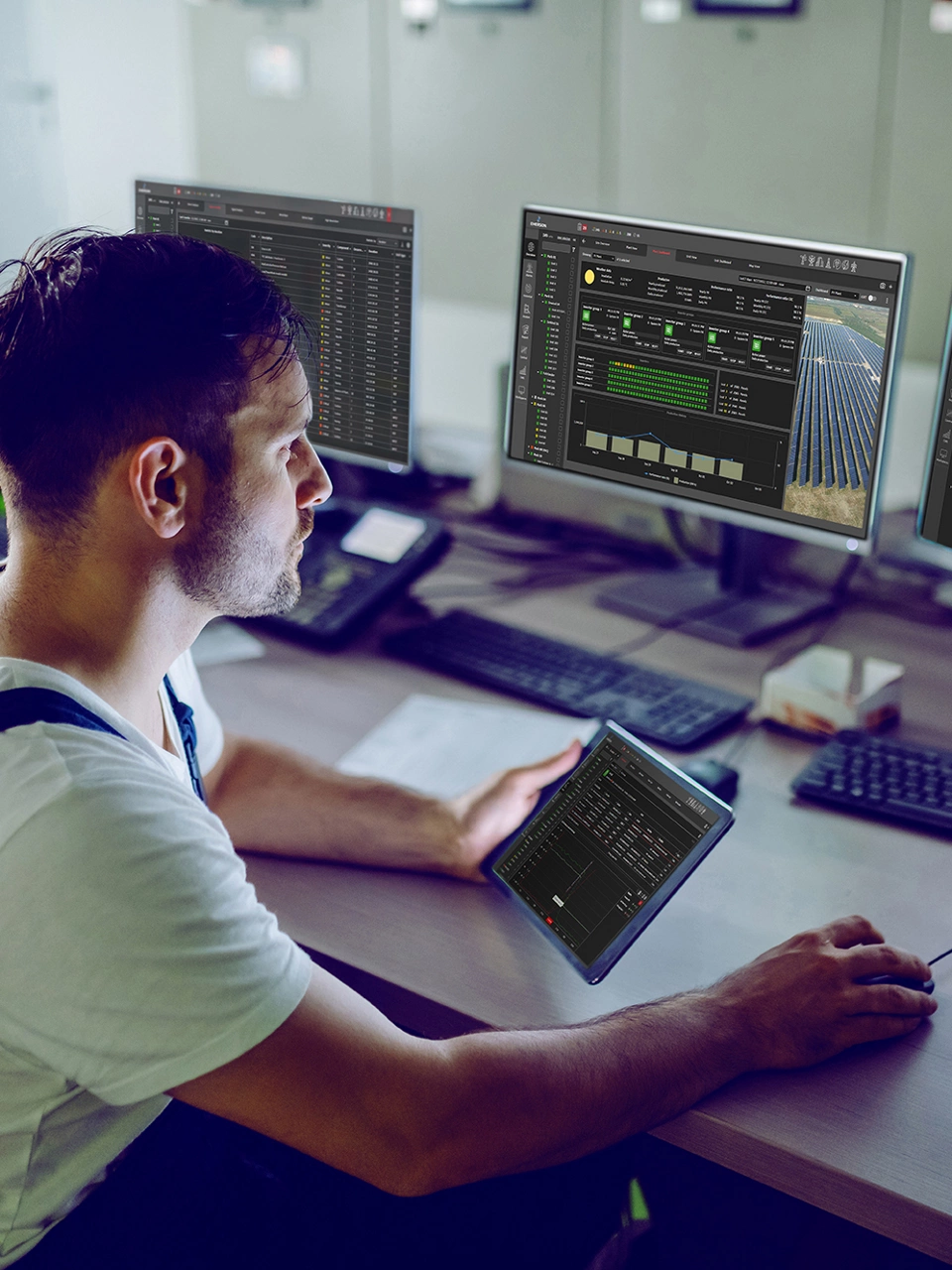 Hardworking plant worker sitting in control room, holding tablet and using computer for monitoring.