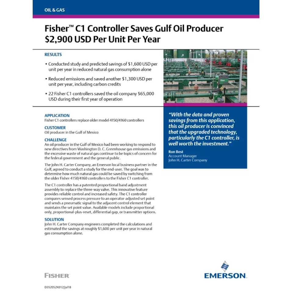 ケーススタディ：Fisher C1 コントローラ、湾岸地区原油製造業者にてで1ユニットあたり年間2,900米ドルを節約
