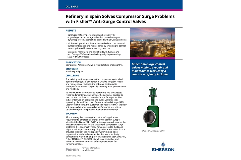 ケーススタディ: スペインの製油所がFisherアンチサージ・コントロール・バルブでコンプレッサのサージに関する問題を解決