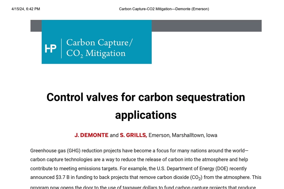 炭素隔離アプリケーション用コントロールバルブ