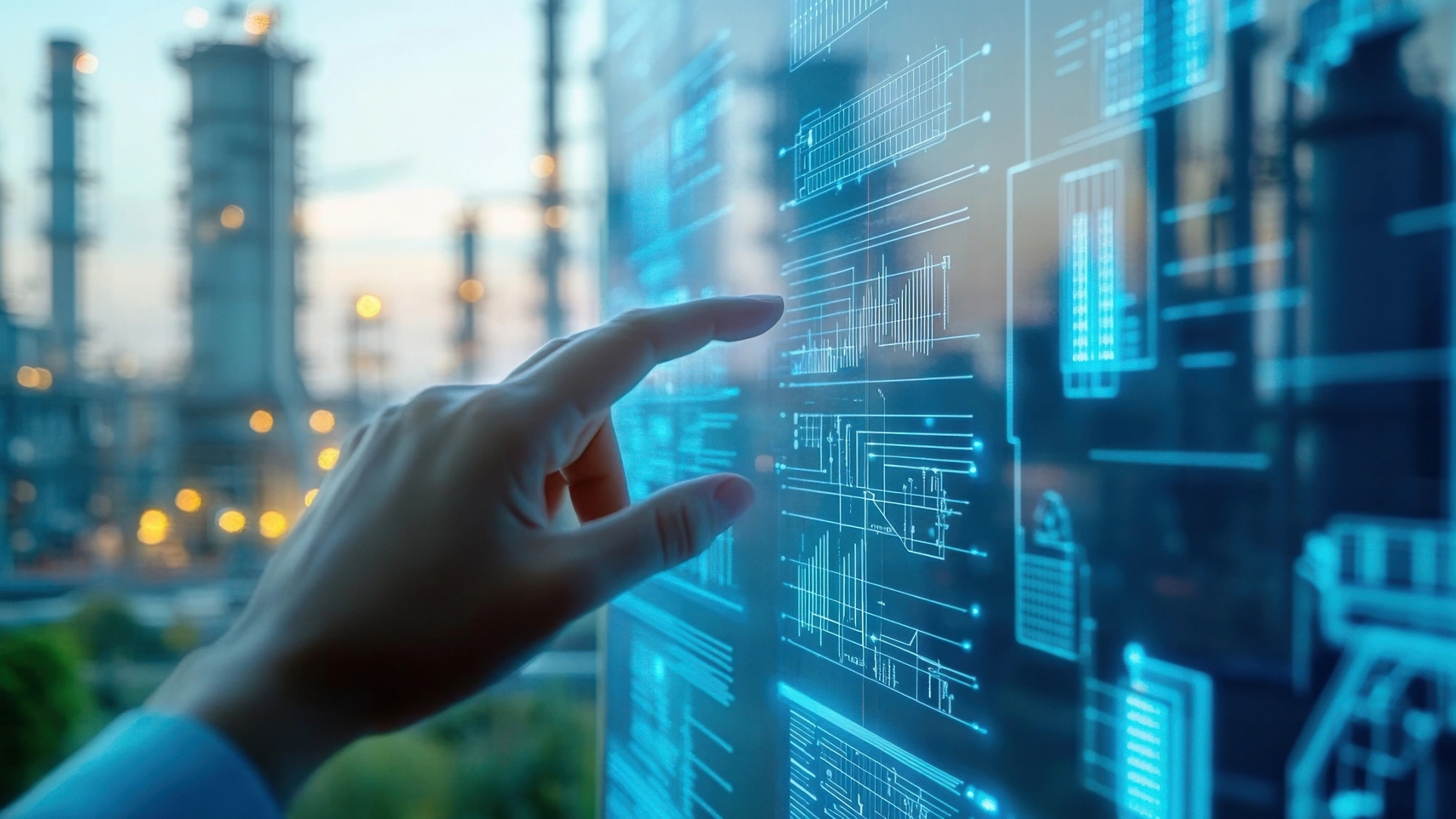 Engineer managing refinery operations using a futuristic interface with internet of things data visualization, optimizing production and monitoring key parameters in an industrial plant