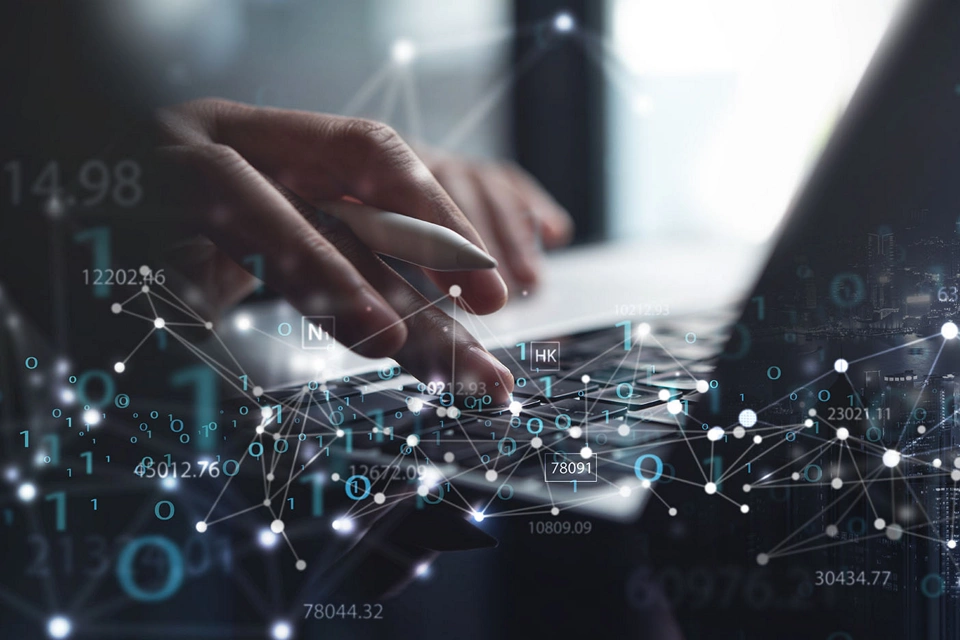 Digital technology, internet network connection, data exchange, software development, IoT internet of things. Woman using computer with binary code software development, technology background