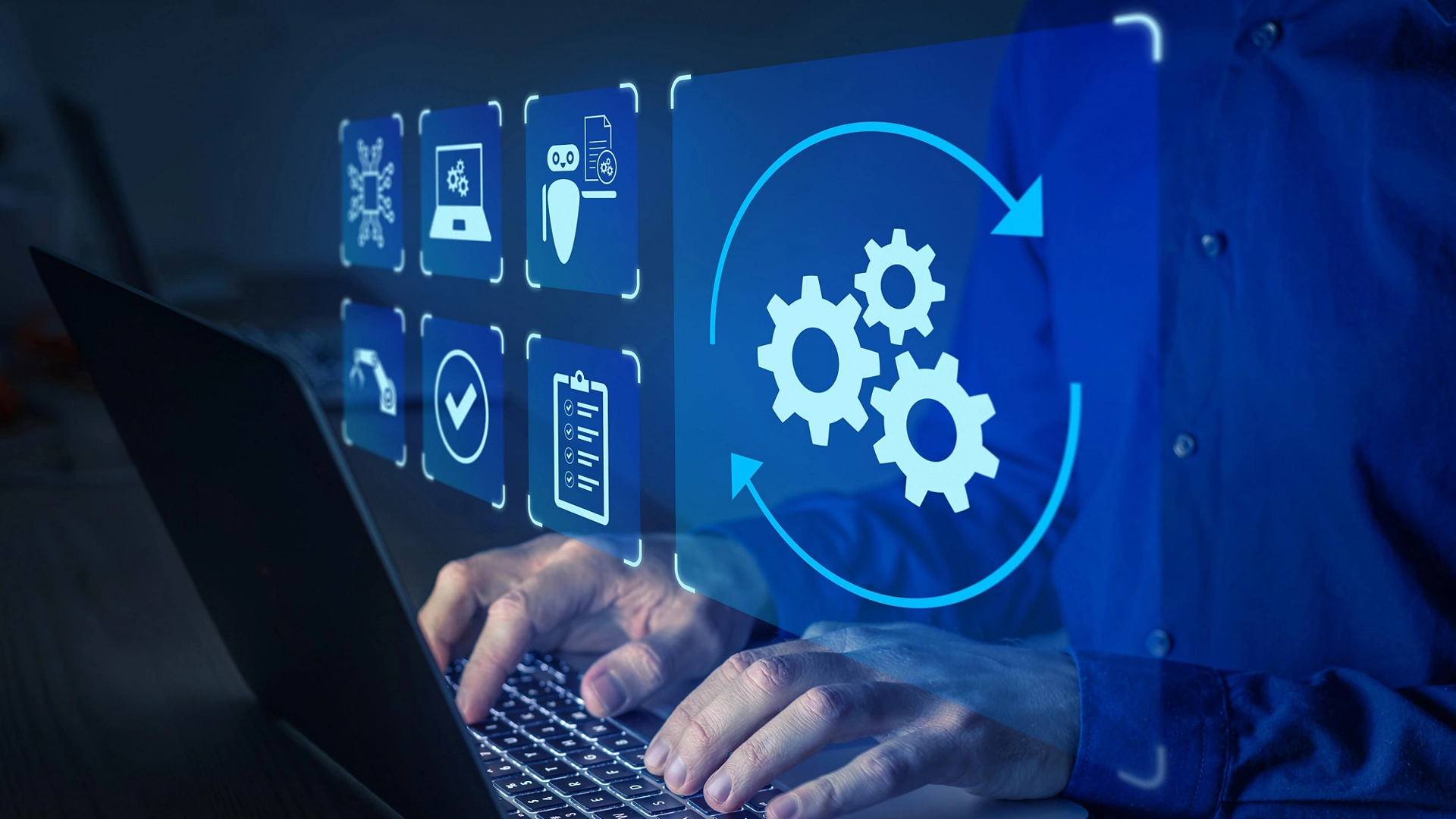 Robotic Process Automation (RPA) technology to automate business tasks with AI. Concept with expert setting up automated software on laptop computer. Digital transformation and change management.