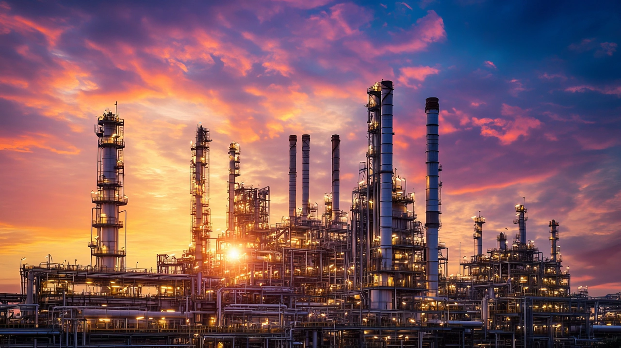 An oil refinery or petrochemical plant against a beautiful sunset sky. The factory is working in the evening, producing petrochemicals for various industries. ID_262a7925-fdd3-42b0-9255-7a5616ae1375 --ar 16:9 --v 6.1 Job ID: 30d780f2-71b1-45e3-a4ca-b91978584fe7