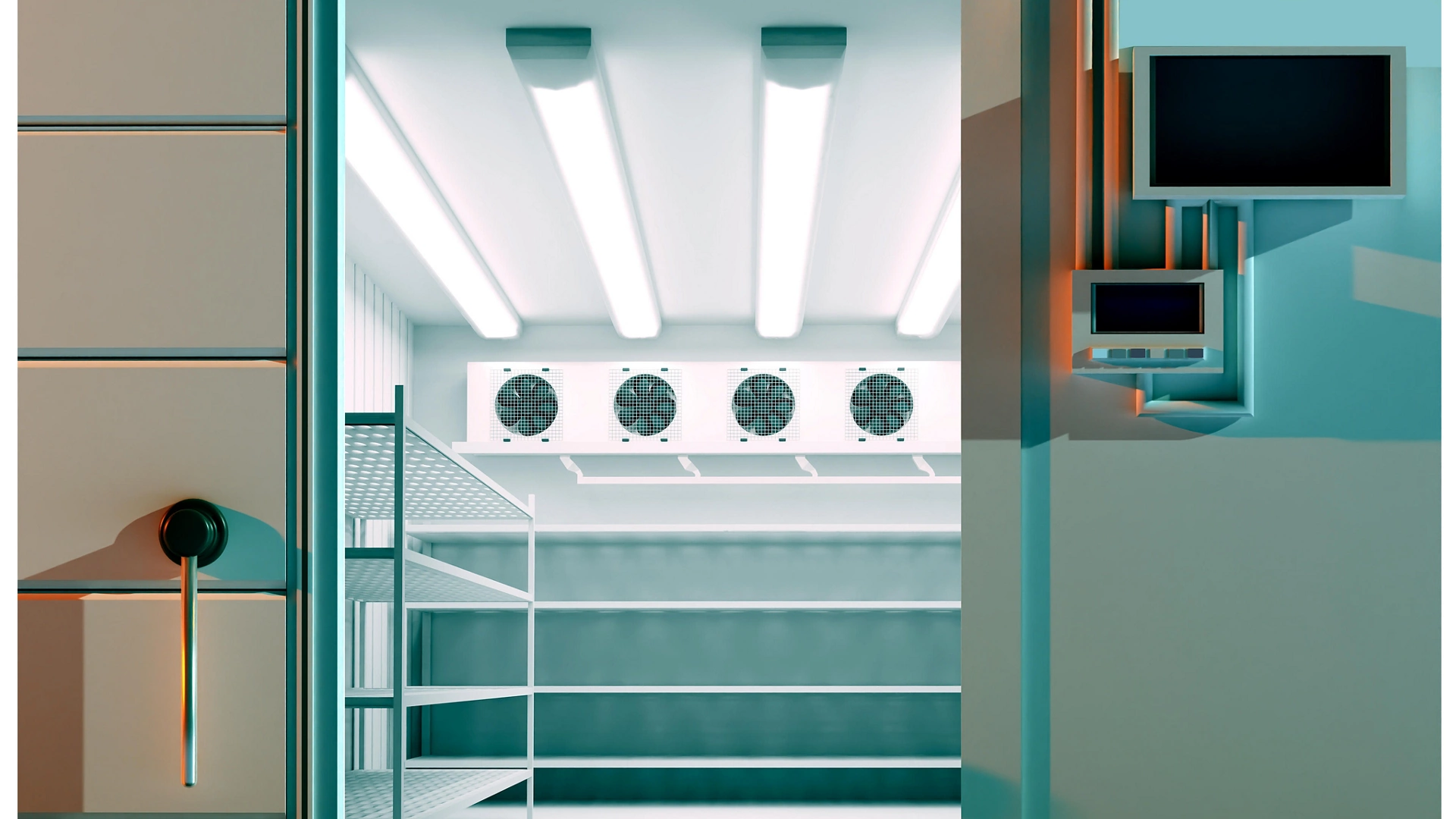 Open warehouse door. Freezing of products. Refrigeration room in stock products. Refrigeration equipment. Freezer with an automatic door. Storage of goods on warehouse shelves.
