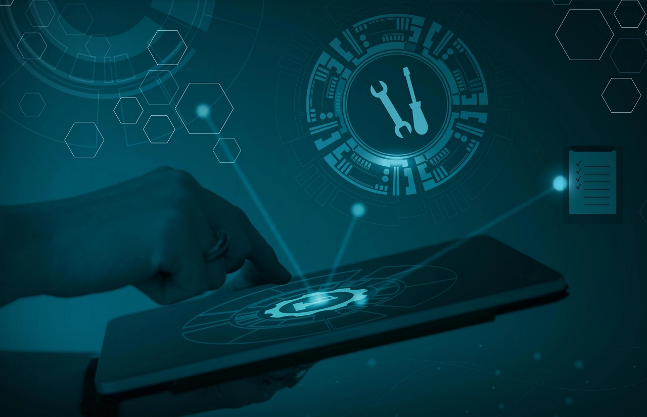 Abstract visualization of Industry Internet of Things (IIoT) or Industry 4.0. Representation of predictive maintenance as part of asset management. Hand holding tablet, security and gears.