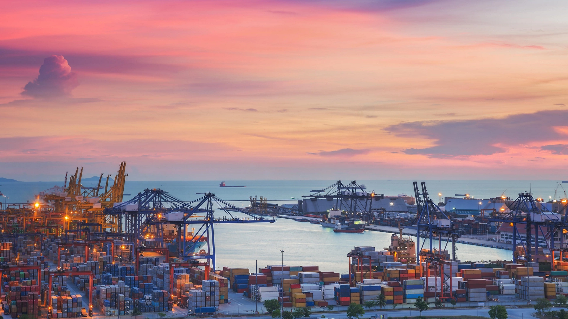 Landscape from bird view of Cargo ships entering one of the busiest ports in the world, Singapore.
