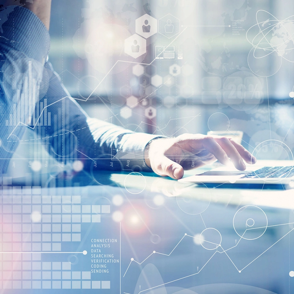 Man Typing Keyboard Laptop Hand.Project Manager Researching Process.Business Team Working Startup modern Office.Global Strategy Virtual Icon.Innovation Graphs Interfaces.Analyze market stock.Blurred