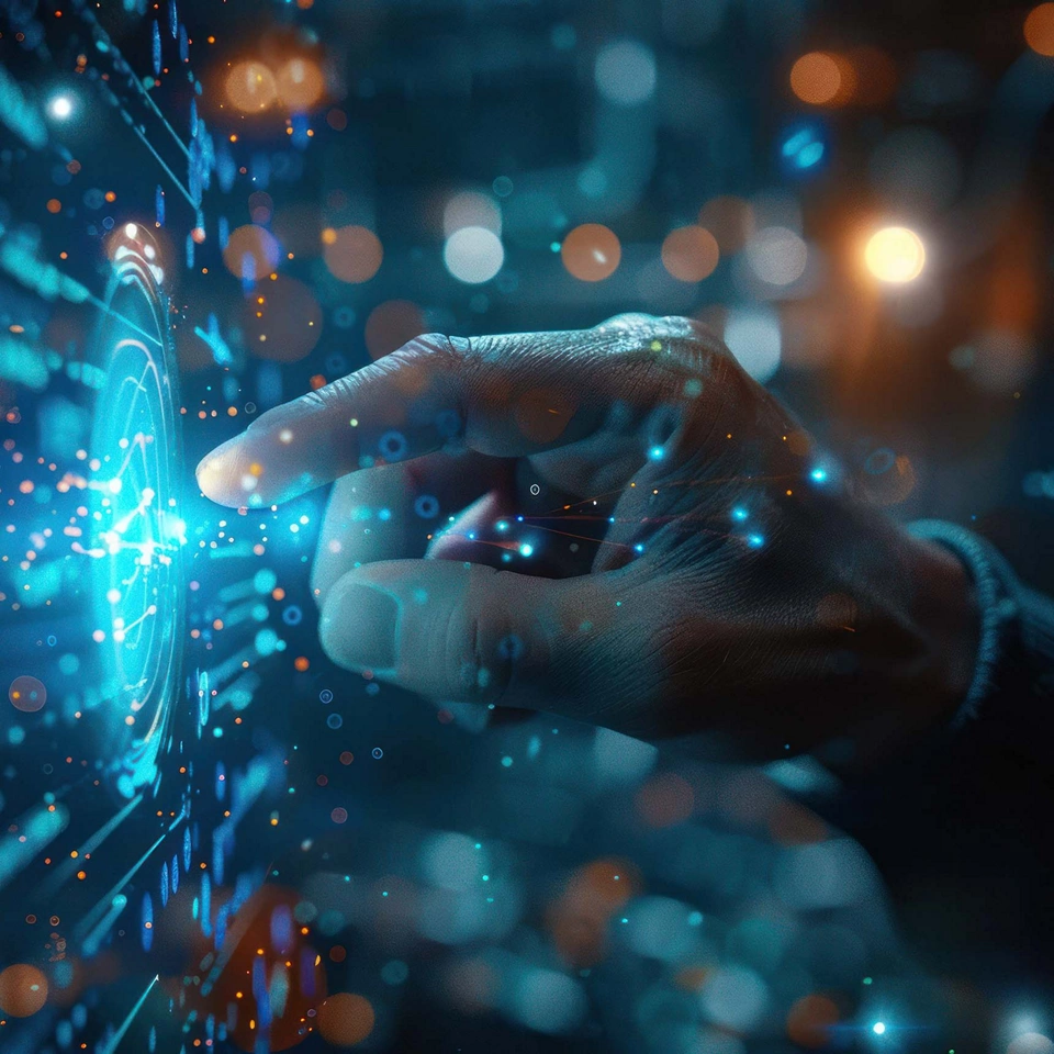 A hand interacting with a glowing blue digital interface, representing futuristic technology and cybersecurity. The background is creating a high-tech, abstract environment, AI-generated.