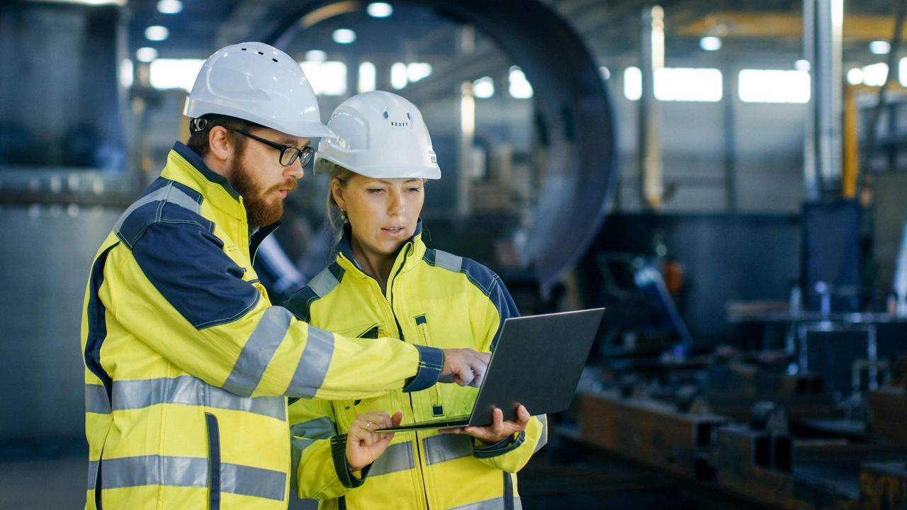 Male and Female Industrial Engineers in Hard Hats Discuss New Project while Using Laptop. They Make Showing Gestures.They Work in a Heavy Industry Manufacturing Factory.; Shutterstock ID 761907331; Purchase Order: -