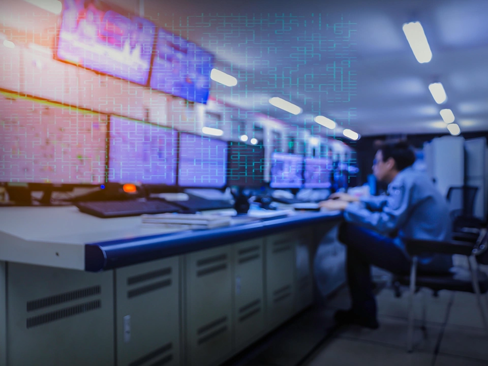 Blurred of man engineer works with the tablet in the production control room.Control room of a steam Turbine,Generators of the coal-fired power plant for monitor process, business and industry concept