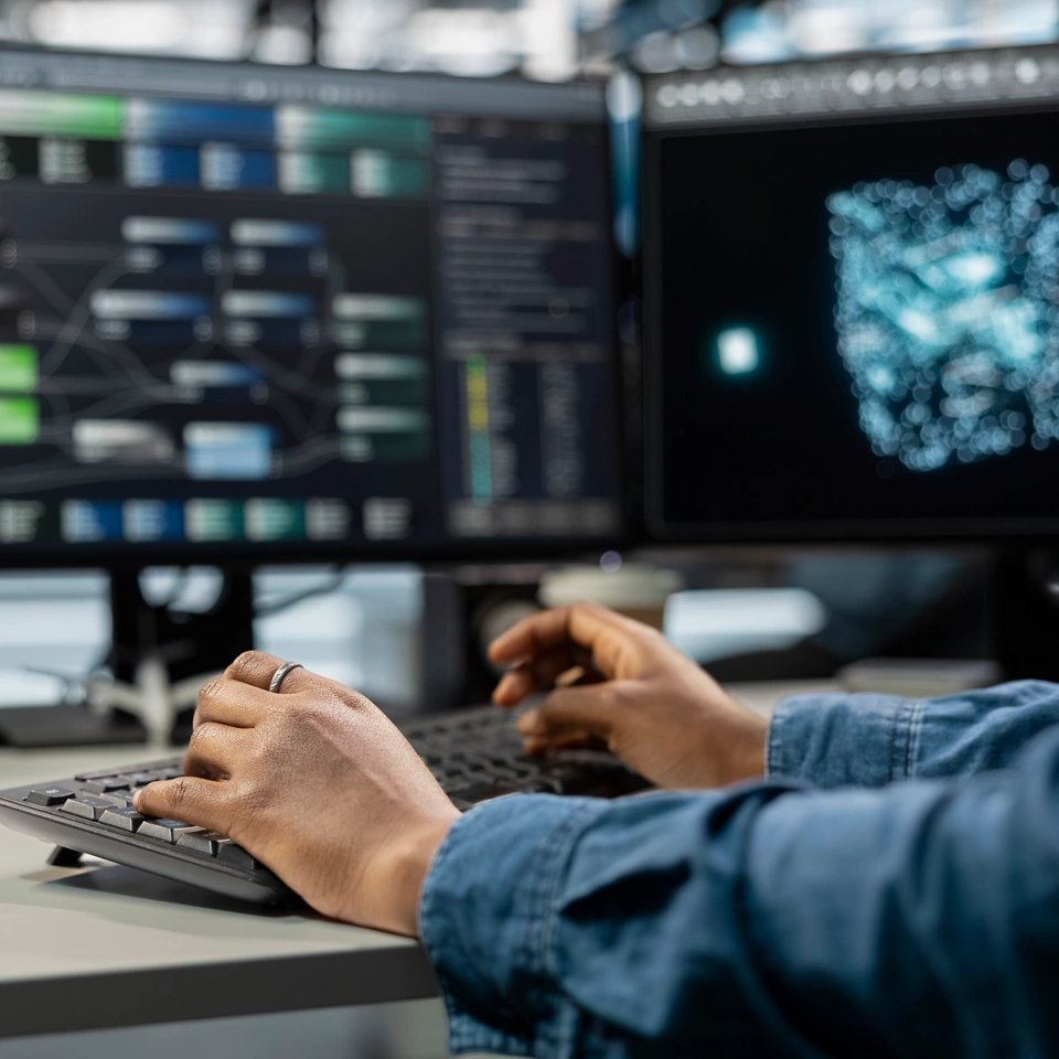 Close up of data center professional using machine learning algorithms to analyze large datasets. Server farm engineer typing on keyboard, using artificial intelligence to recognize data patterns
