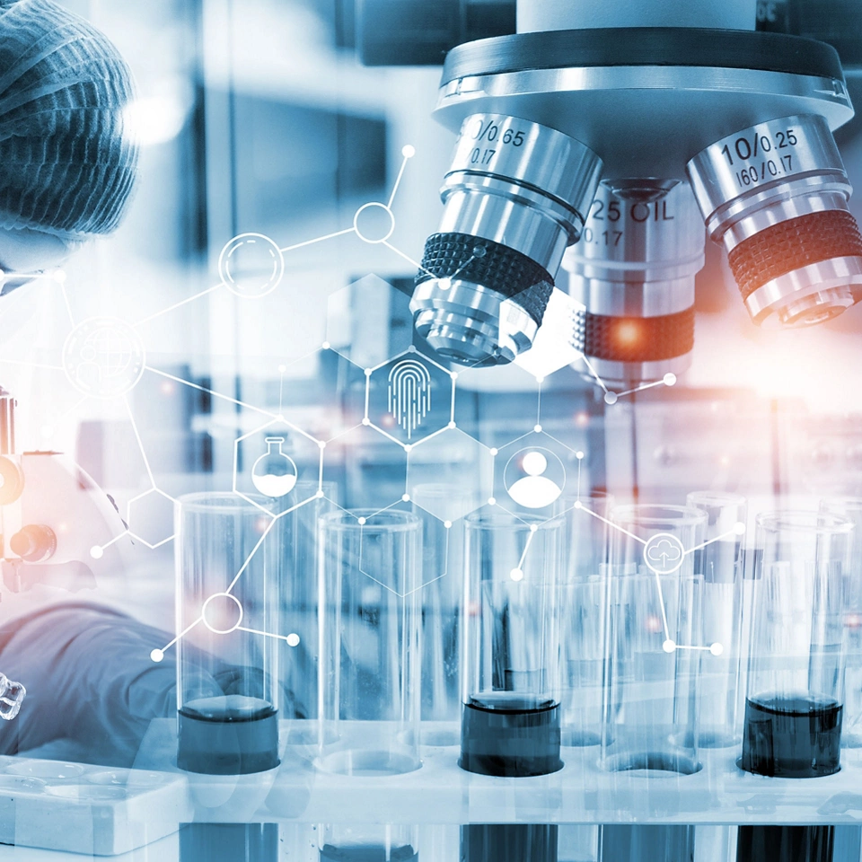 Double exposure microscope and Young woman scientific using equipment in the laboratory for research.Biotechnology,development,chemical,vaccine,COVID-19. Photo concept experimentation and research.