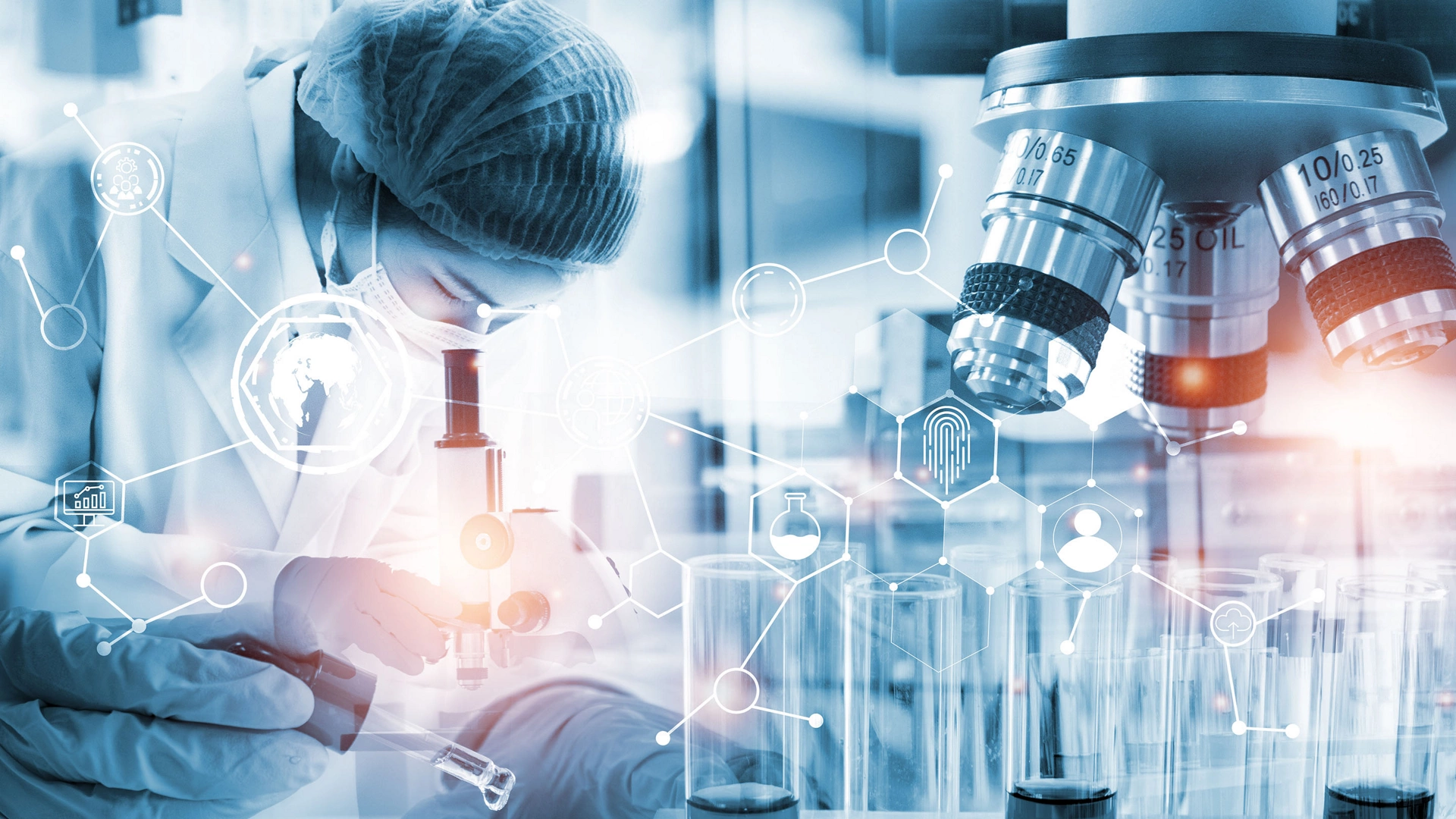 Double exposure microscope and Young woman scientific using equipment in the laboratory for research.Biotechnology,development,chemical,vaccine,COVID-19. Photo concept experimentation and research.