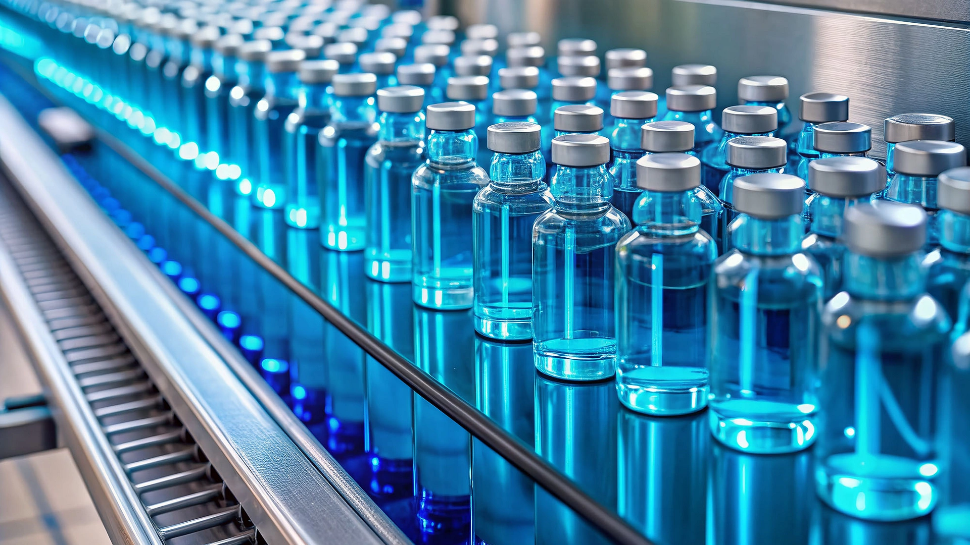 Rows of transparent vials filled with bright blue liquid glide along a modern production line in a sleek pharmaceutical factory, symbolizing innovation and vaccine development.