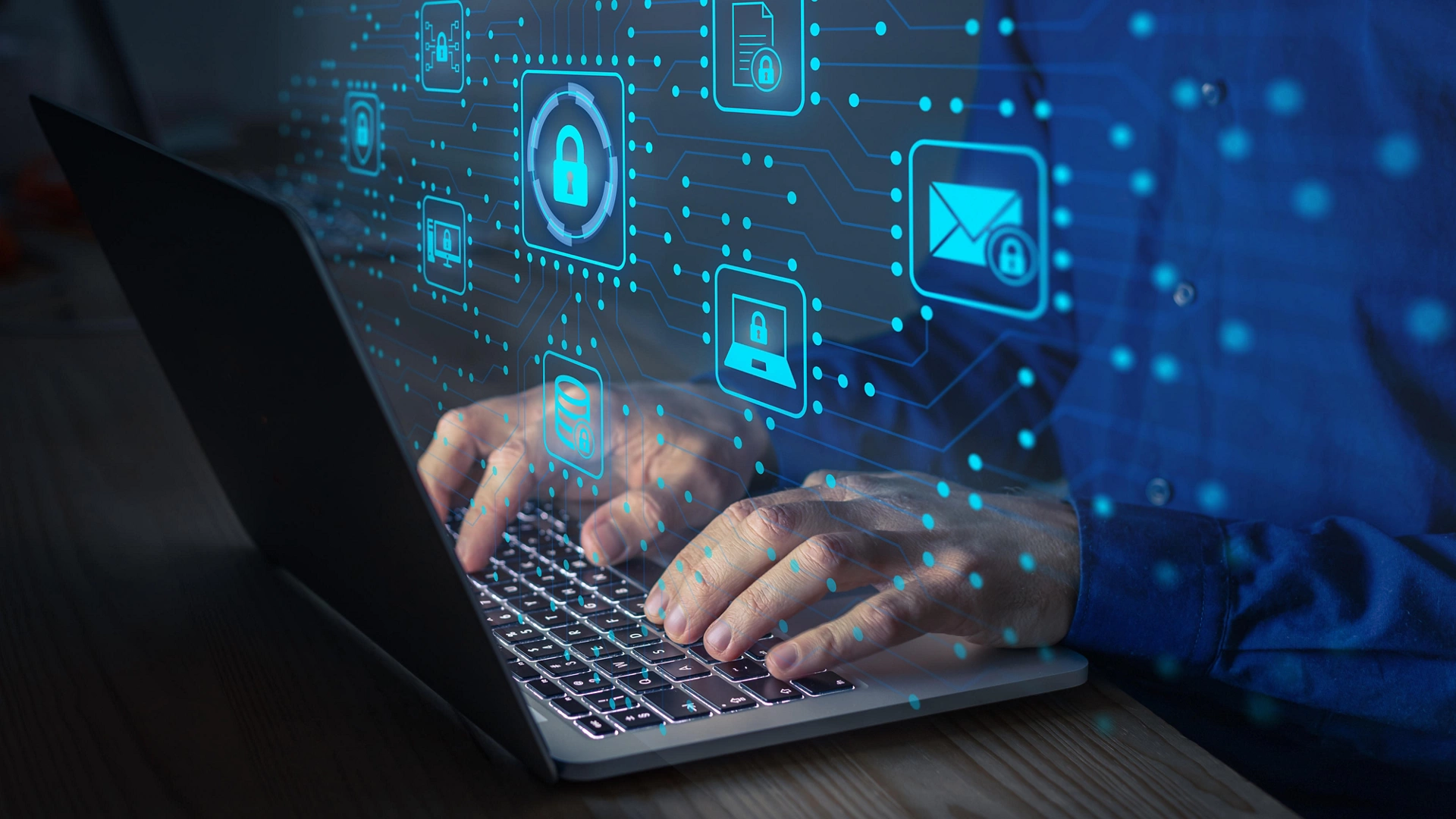 Cyber security IT engineer working on protecting network against cyberattack from hackers on internet. Secure access for online privacy and personal data protection. Hands typing on keyboard and PCB