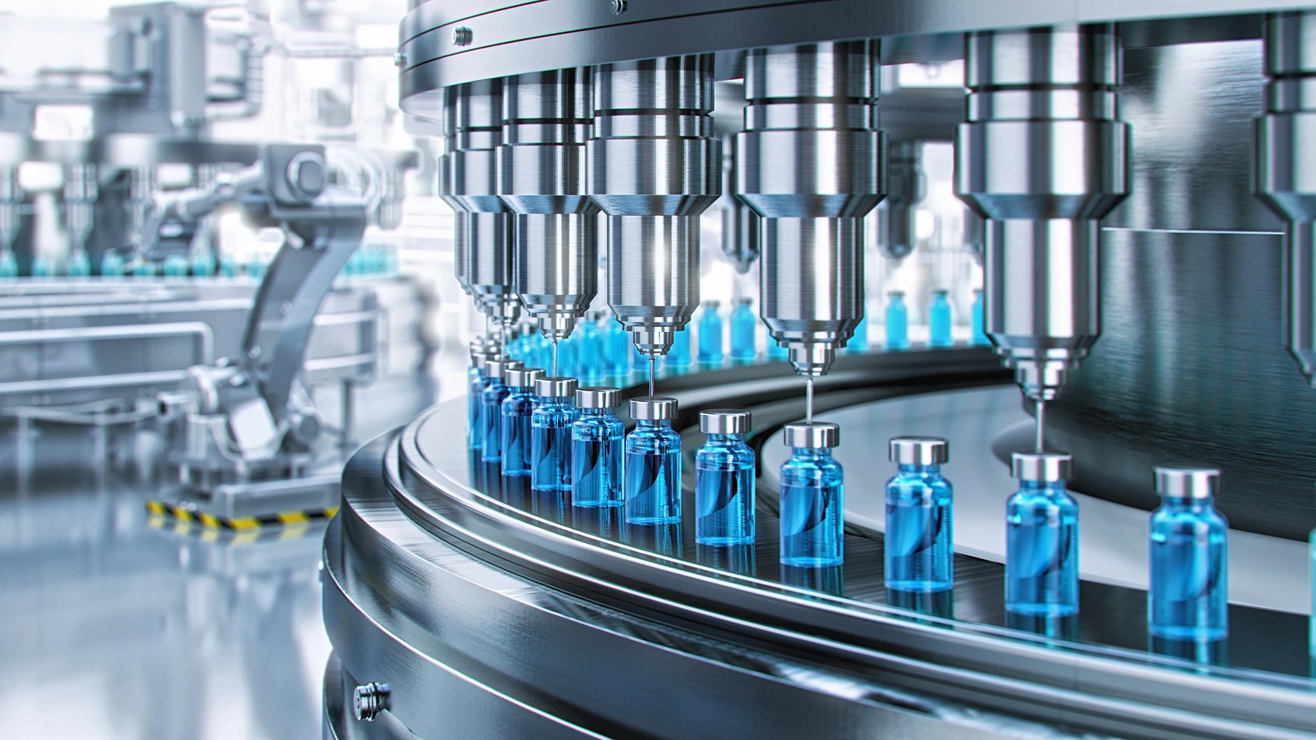 Drug manufacturing process.  Conveyor with medical ampoules line at a modern pharmaceutical plant. Pharmacology production, medicine industry from laboratory 2 factory, pharmacy. Healthcare, pharma 3D