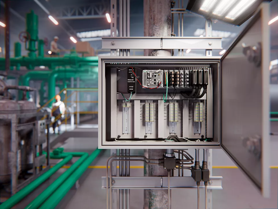 Industrial cabinet with NI CompactRIO hardware installed for control and monitoring in a factory setting.