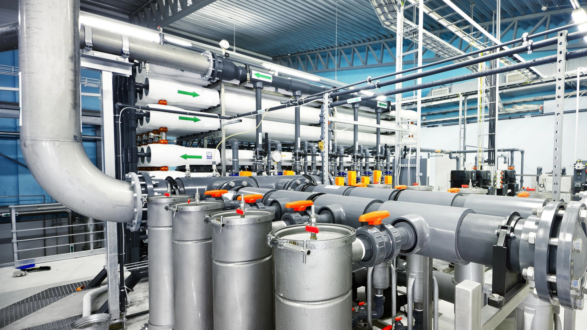 Reverse osmosis industrial city water treatment station. Wide angle perspective
