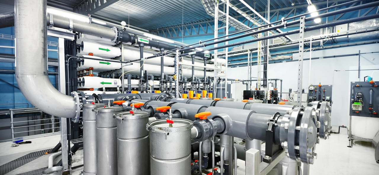 Reverse osmosis industrial city water treatment station. Wide angle perspective