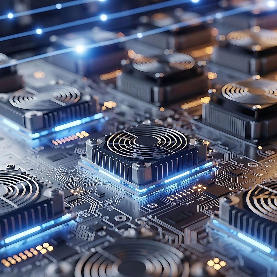A detailed view of a high-density processor array, showcasing advanced cooling systems and intricate circuit board design for optimal performance.