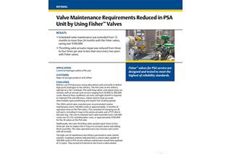 ケーススタディ: Fisher バルブの使用で PSA ﾕﾆｯﾄ 装置のバルブメンテナンスを削減