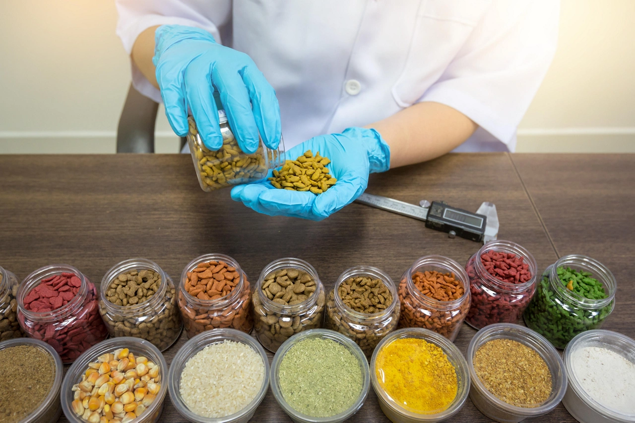 Laboratory staff are investigating the quality of pet food in her hand. Variety, Raw material selection, Quality inspection.