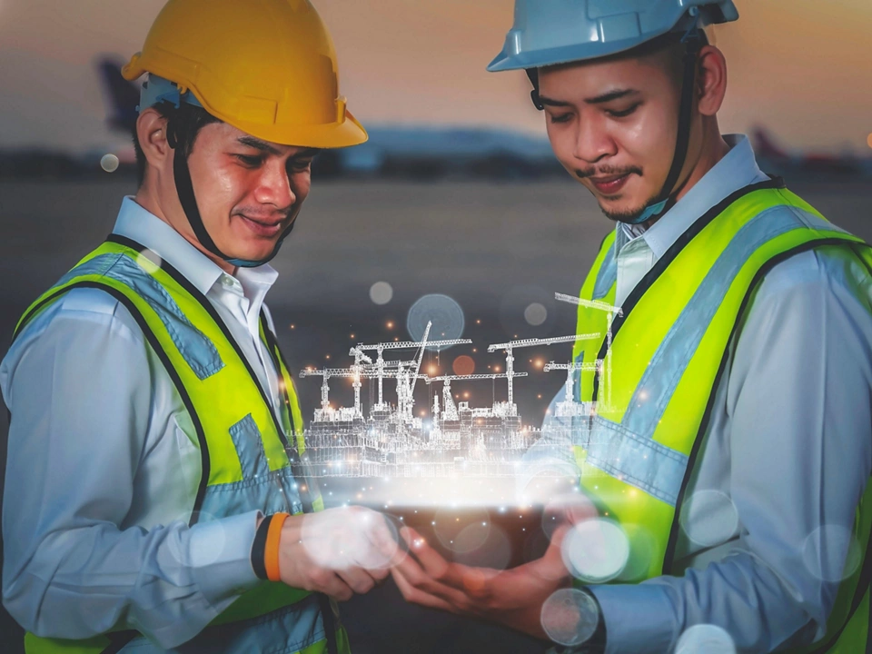 Architects and engineering create architectural works from their imaginations into 2D and 3D construction models for use in real-world construction,Technology futuristic virtual reality design.