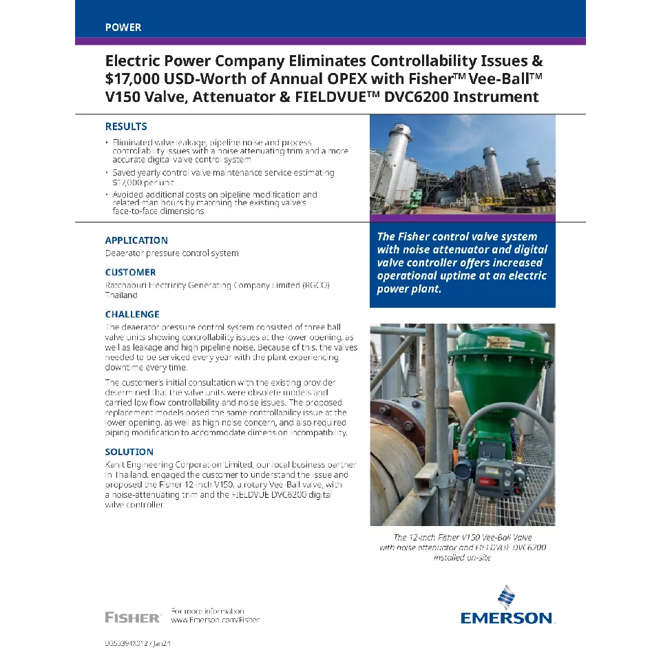 ケーススタディ: 電力会社が Fisher Vee-Ball V150 バルブ、減衰器、FIELDVUE DVC6200 で制御性の問題を解消し、年間 17,000 ドル相当の OPEX を削減