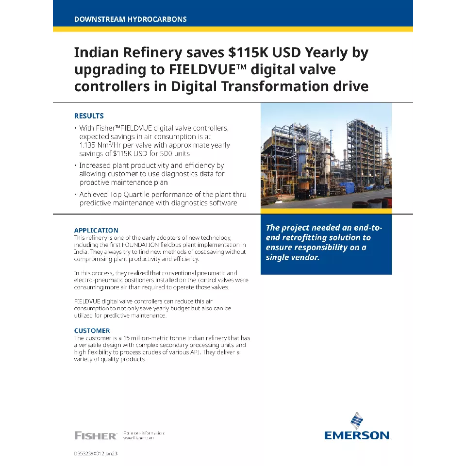 ケーススタディ: インドの製油所、デジタルトランスフォーメーション推進で FIELDVUE デジタル・バルブ・コントローラにアップグレードし、年間 11 万 5 千ドルを節約